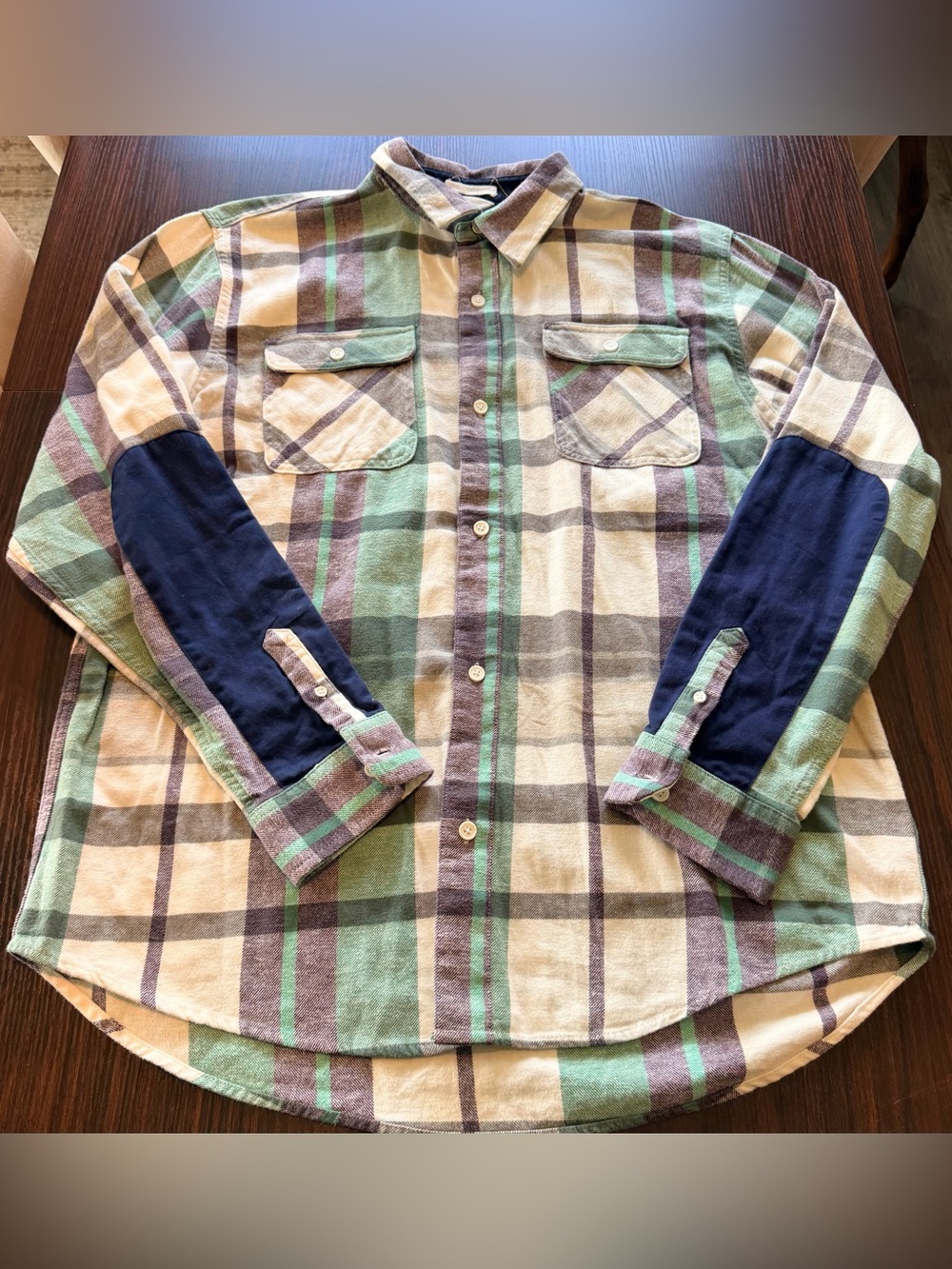 Free Assembly Mens Plaid Flannel Shirt Green Purple Elbow Patches Cotton XL